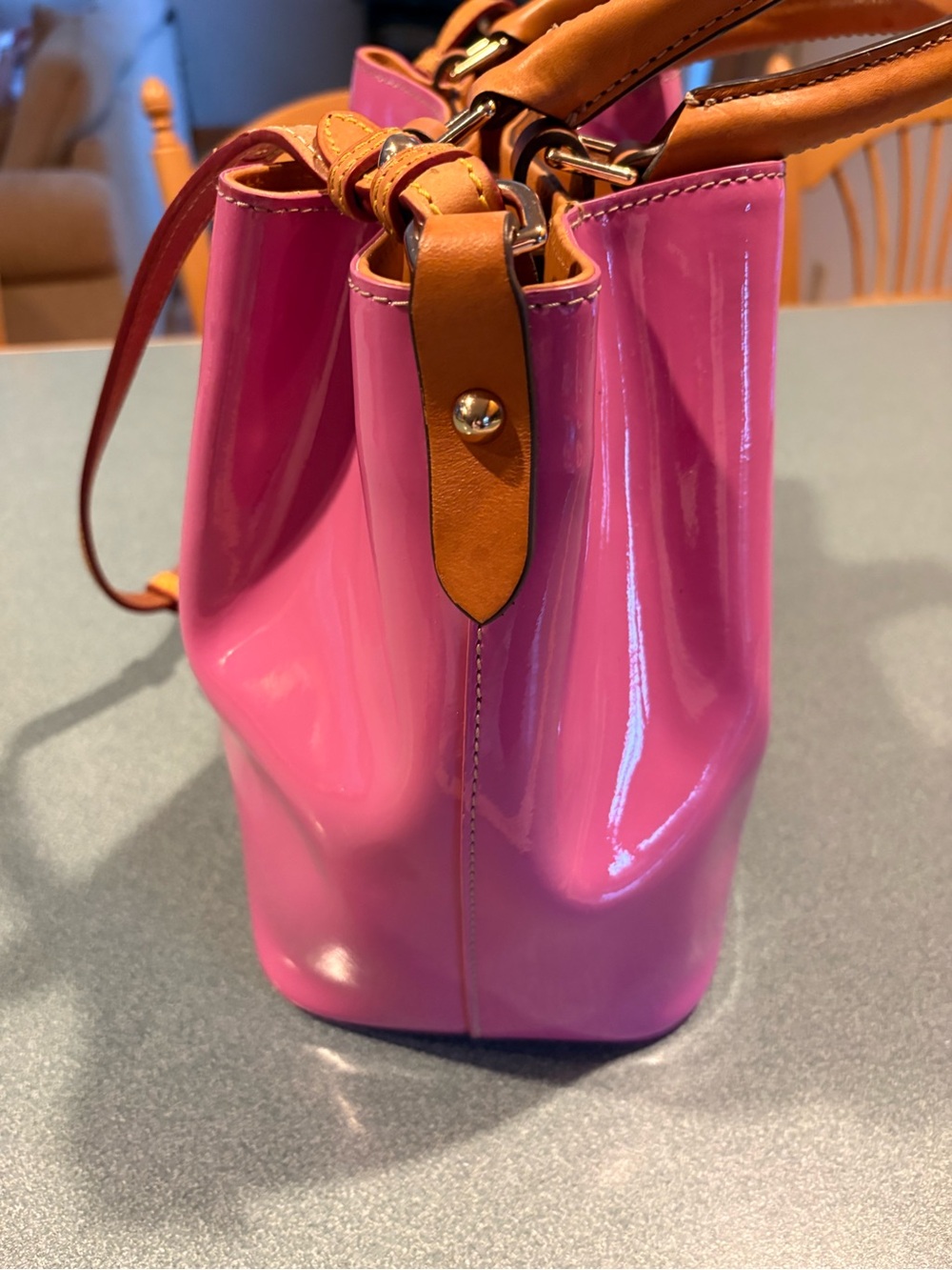 Dooney & Bourke Hot Pink Patent Satchel with Tan Trim - Picture 6 of 13